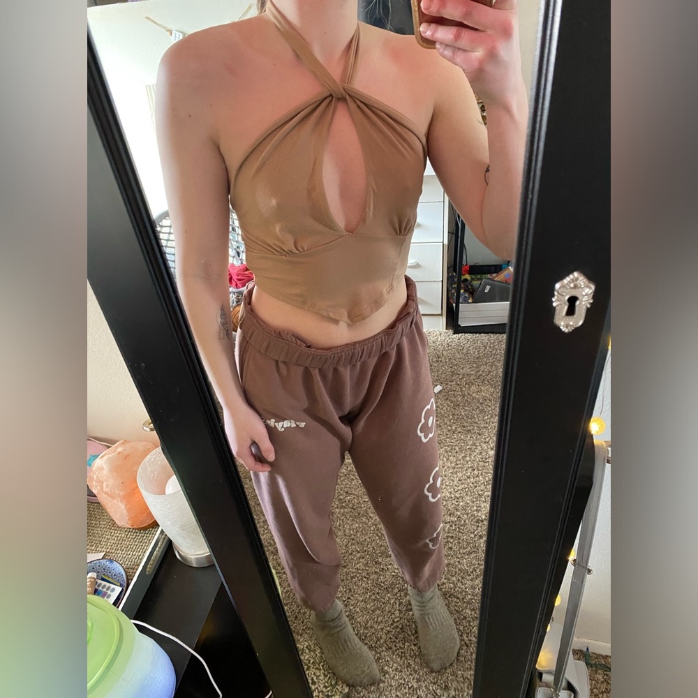 Gaze, tan, XS halter cut out crop top